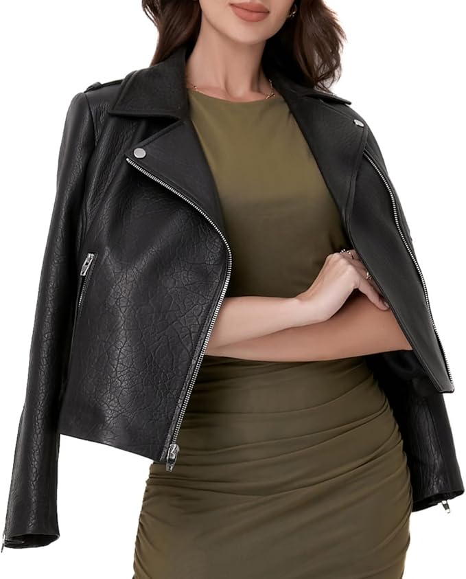 Lambskin Leather Jacket Women,Motorcycle Jacket,Asymmetrical Zip Style,Buckle Belts,Quilted Details