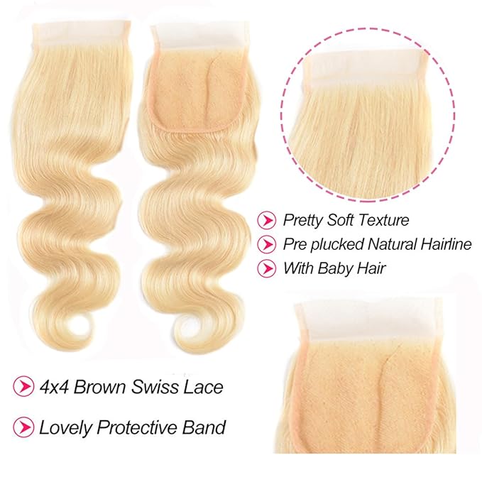 613 Bundles Blonde Human Hair Body Wave Bundles with 4 X 4 Closure (18 20 22+16 Inch) 100% Unprocessed 12A Grade Brazilian Virgin Hair Quick Weave Extensions for Women
