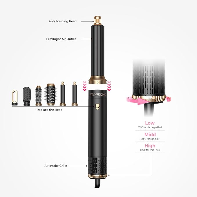 6 in 1 Hair Dryer Brush, Detachable Air Styler, 3 Heat Settings Blow Dryer Brush Frizz-Free Volumizing, Straightening, Curling ALCI Safety Plug for Travel & Home Styling (Black)