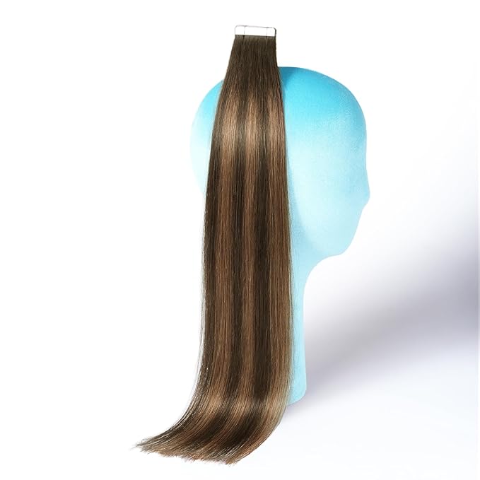 DNE Tape in Hair Extensions Real Human Hair 20 inches 20Pcs/50g/Pack Seamless Dark Brown to Chestnut Brown#T2-P2/6 Straight Invisible Double Sided Tape in Hair Extensions for Women/Girls