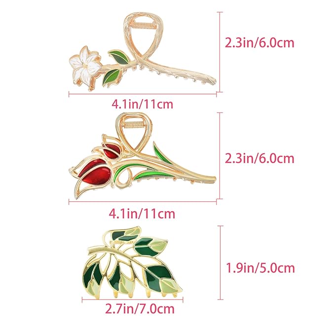 3-Piece Floral Metal Hair Accessories: Lily Leaves Tulip Barrettes, Strong Hold Non-Slip Hair Clamps for Thin/Medium Thick Hair