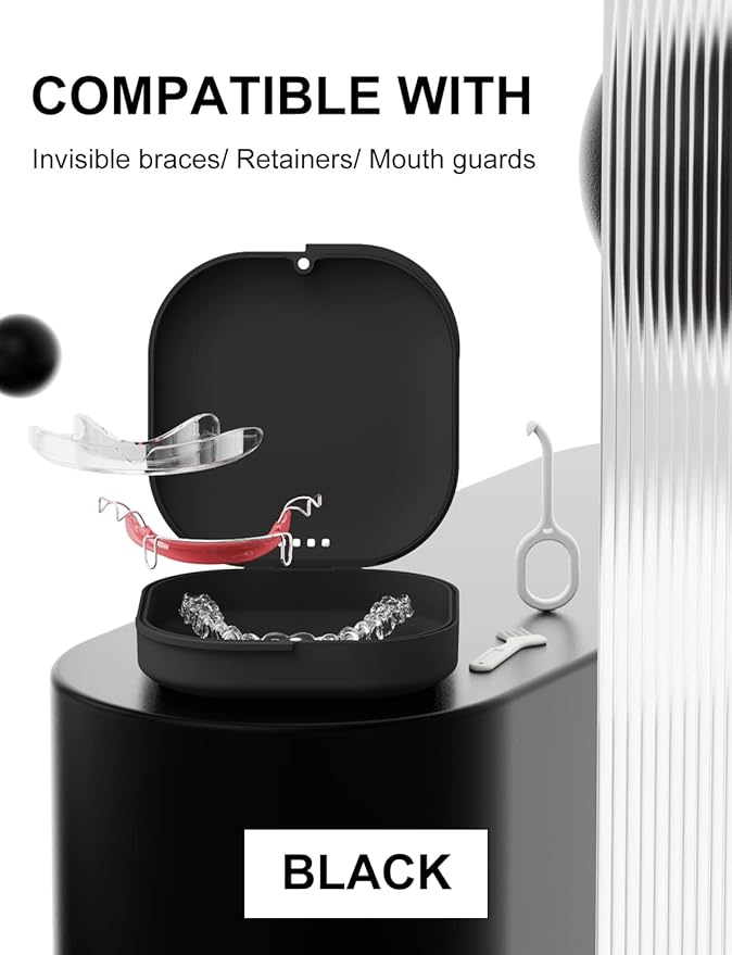 Slim Aligner Case with Vent Holes, Compatible with Invisalign, Cute Case with Retainer Removal Tool and Brush, Black