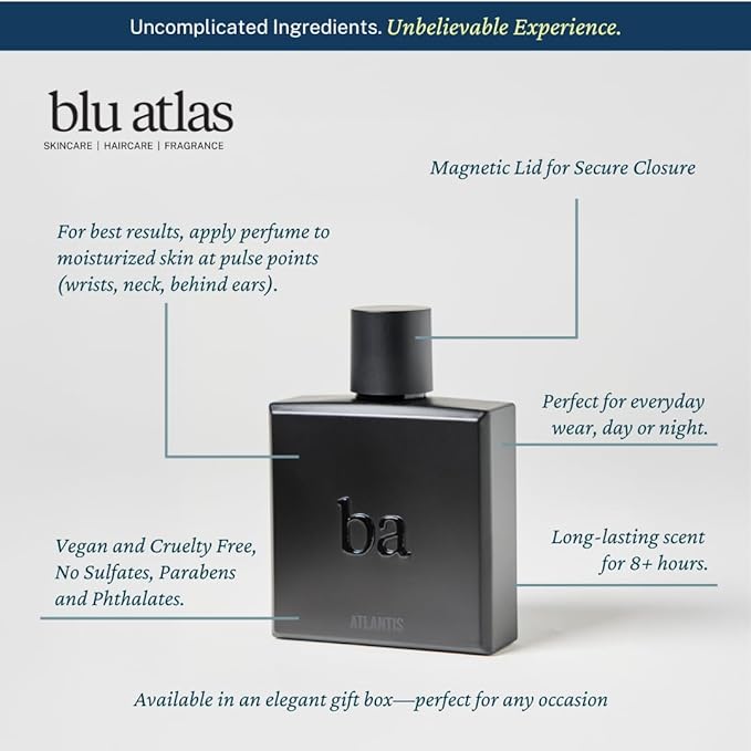 Blu Atlas Atlantis Eau De Parfum for Men- Long-lasting Citrus and Aquatic Cologne With Bergamot, Lavender and Musk, Clean Ingredients, 100 ml Masculine Fragrance Inspired by Bali