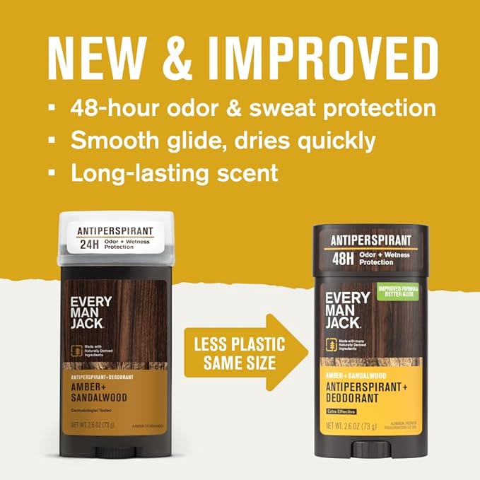 Every Man Jack Men’s Amber + Sandalwood Antiperspirant Deodorant – New & Improved Formula – 48-Hour Odor & Sweat Defense– 2.6 oz (2 Pack)