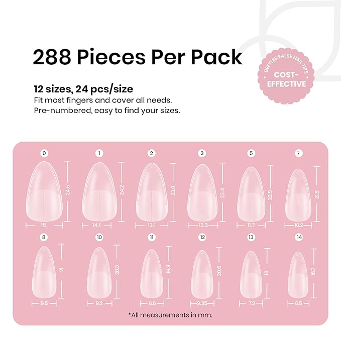 Beetles Medium Almond Gel Nail Tips: 288PCS Medium Almond Matte Clear False Acrylic Press on Nails Tips 12 Sizes Pre-shape Full Cover Nail Tips Nail Extension Easy DIY Salon Gifts for Women