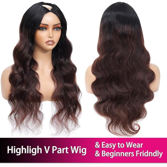 Ombre V Part Wig Human Hair Body Wave Brown Wig Upgrade U Part Human Hair Wig with Clips Glueless Wigs Human Hair Clip in Half Wigs No Leave Out Highlight Wig Human Hair 180% Density 20 inch