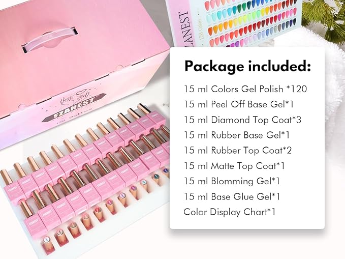 FZANEST 130Pcs 15ml Gel Nail Polish Set With Rubber Base Top Matte Coat 120 Colors Pink Nude Red White Black All Seasons Gel Polish Kit Nail Art Starter For Nail Salon Home Gifts for Women and Girls