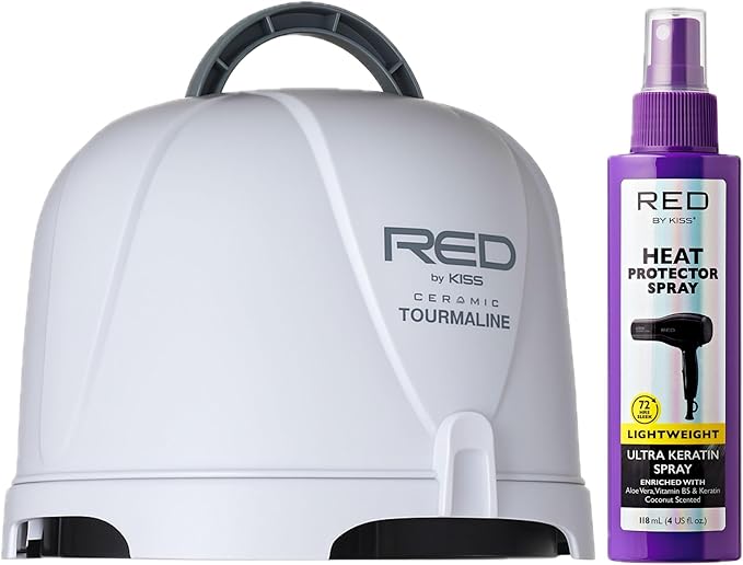 Red by Kiss 3000 Ceramic Tourmaline Professional Hood Dryer with Heat Protector Spray Bundle, Adjustable Height 1875W+ Ultra Keratin Thermal Spray for Hydration, Strength & Frizz Control (4 Fl Oz)