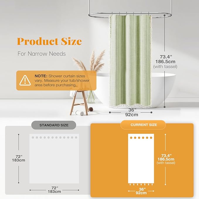 BTTN Boho Farmhouse Shower Curtain - Linen Rustic Heavy Duty Striped Fabric Shower Curtain Set, Bohemian Vintage Country Cloth Shower Curtains for Bathroom, Sage Green, 36" W x 72" L (Pack of 1)