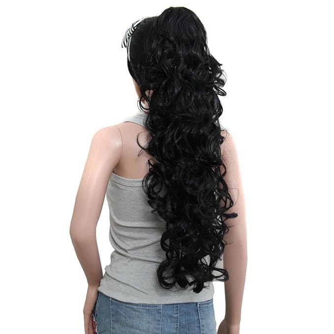 S_SSOY 31"(78cm) Women's Curly Pony Tail Hair Piece Synthetic Claw Clip Ponytail Wavy Long Curled in Hair Extension Extensions Long/Voluminous Wig Hairpieces for Women Girls Lady, 1B#