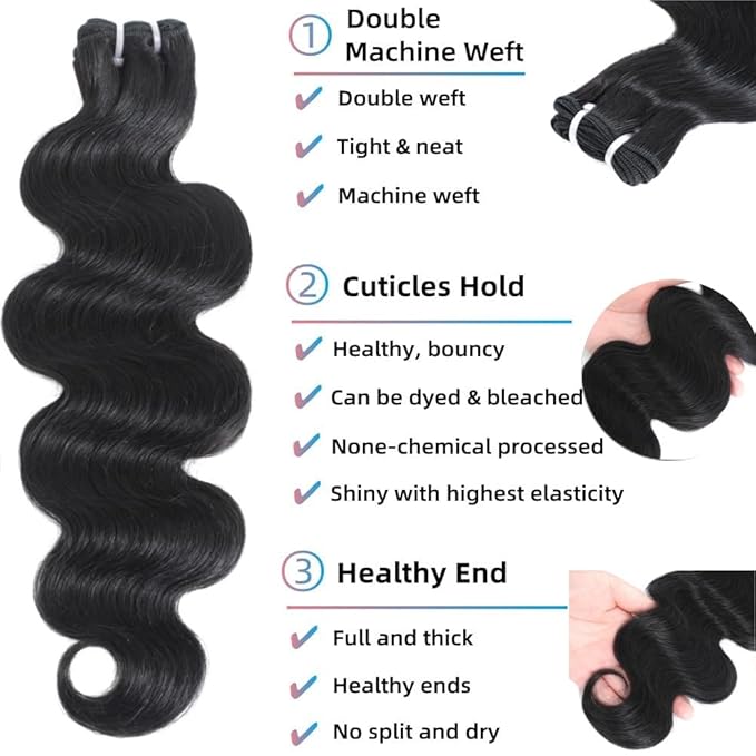 12A Brazilian Virgin Human Hair Body Wave 4 Bundles (14-14-16-16 Inch) – Unprocessed, Natural Black, Quick Weave for Occasion & Daily Looks