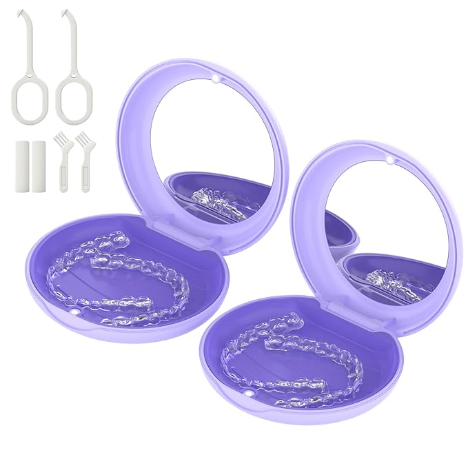 2Pack Retainer Case with Mirror, Compatible with Invisalign, Orthodontic Aligner Case with Removal Tool and Brush, Purple