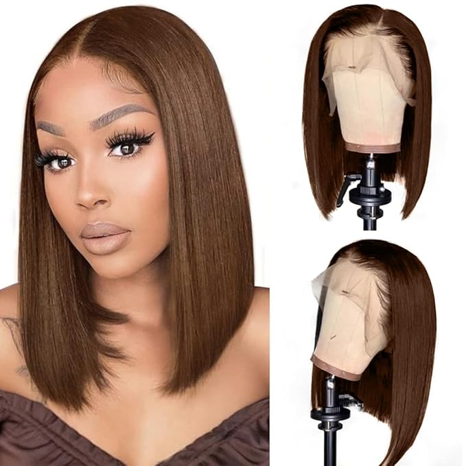 LICHANG Bob Chocolate Brown 13x4 Straight HD Transparent Lace Front Wig 200% Density 14 Inch