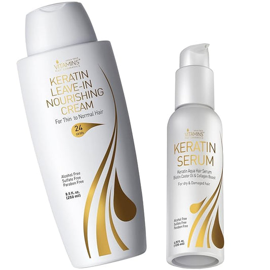 VITAMINS hair cosmetics Keratin Thin Hair Leave-In Conditioner & Hair Serum Kit - Hydrating No Rinse Nourishing Cream & Heat Protectant, Anti Frizz Gloss Boost - Pro Salon Care for Dry Damaged Hair