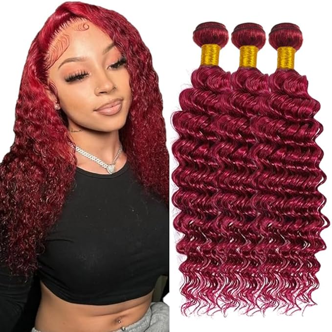 99J Human Hair Bundles Burgundy Deep Wave Bundles 22 24 26 Inch 150g Mixed Length Brazilian Remy Red Human Hair Bundle for Women