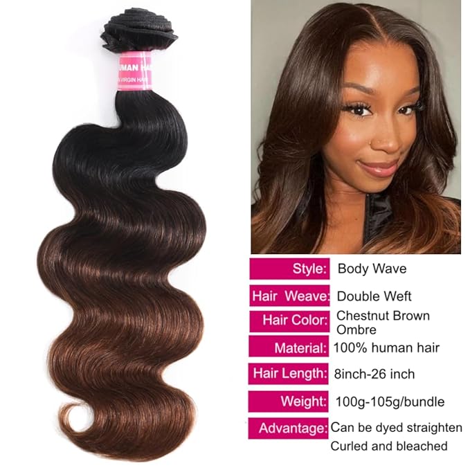UNICE Chestnut Brown Ombre Body Wave Human Hair Weave 3 Bundles 14 14 16 inch Brazilian Remy Human Hair Wavy Sew in Human Hair Extensions