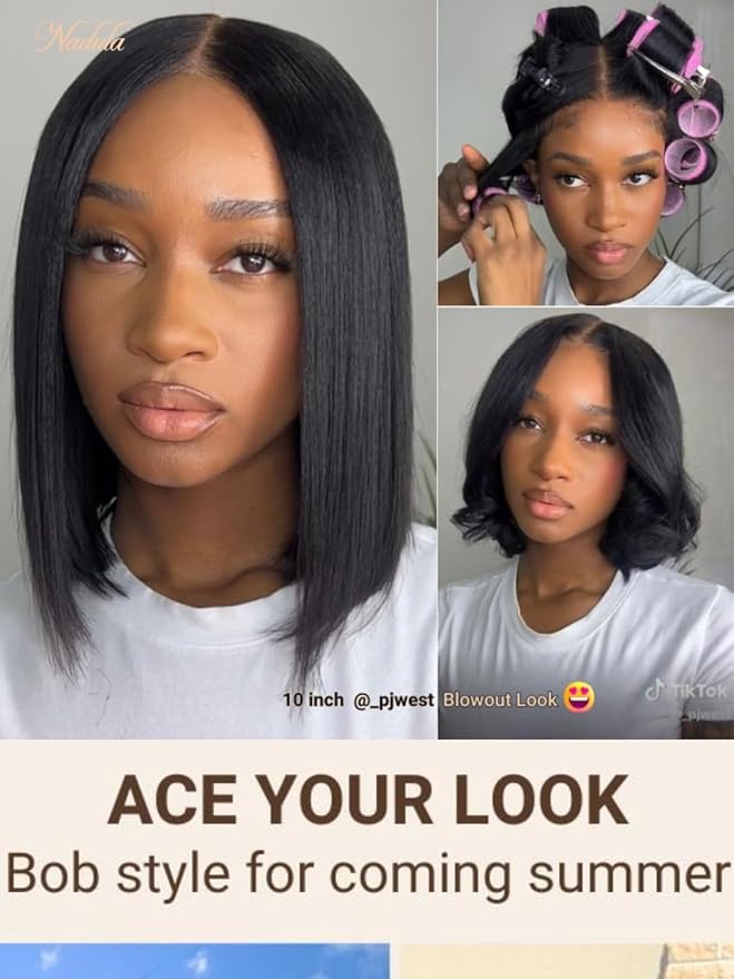 Nadula Bye Bye Knots Yaki Straight Bob Glueless Wig Pre Cut/Plucked/Bleached 7x5 Lace Front Wigs Human Hair Invisible Knots Pre Everything 3S Ready to Go Short Yaki Bob Wigs 150% Density 14inch