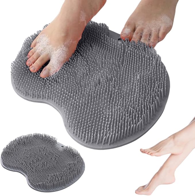 Shower Foot Scrubber Mat, 2025 New Foot Back Cleaning Pad Back Washer with Non-Slip Suction Cups, Wall Mounted Exfoliating Bath Wash Pad for Men and Women (Grey)