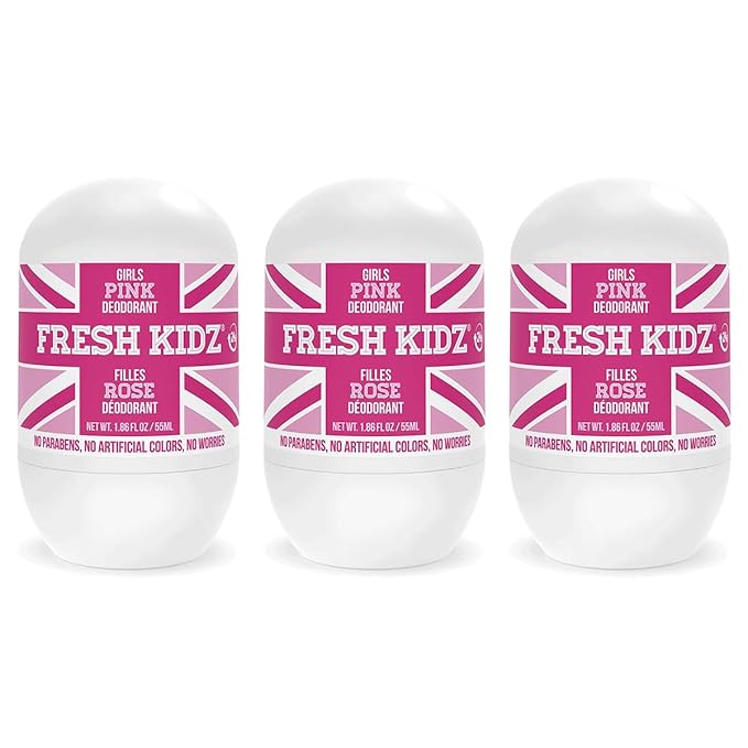 Fresh Kidz Roll On Deodorant for Kids and Teens - Baking Soda and Aluminum-free 24 Hour Protection for Sensitive Skin - Girls "Pink" 1.86 fl.oz. (3 Pack)
