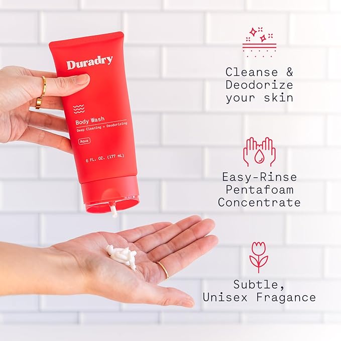 Duradry Deodorizing Body Wash for Women and Men - Odor control, Deep Cleansing, Nourishes, and Moisturizes Skin, Made with Natural Ingredients - Aqua Fragrance, 6 Fl Oz