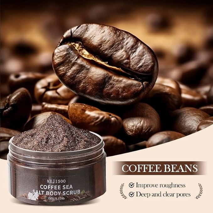 Coffee Sea Salt Body Scrub – Exfoliating & Moisturizing Scrub with Coconut Oil & Shea Butter – Anti-Cellulite Treatment for Smooth Skin – Organic, Vegan, 8.8 oz