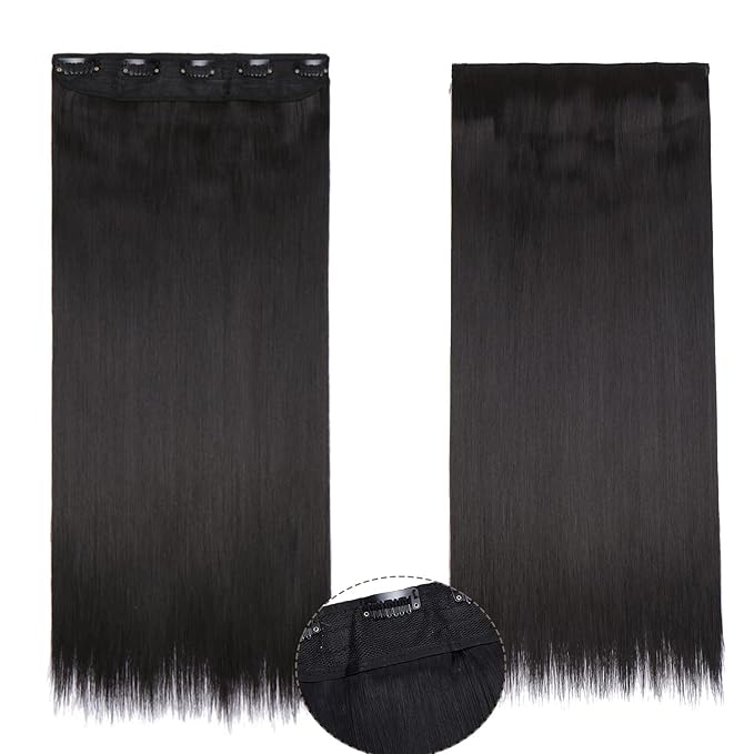S-noilite Clip in on Hair Extension Long Straight Synthetic One Piece Full Head 5 Clips Hairpiece Heat-Resistant Hair For Party Women Fashion (23" straight, Natural Black)
