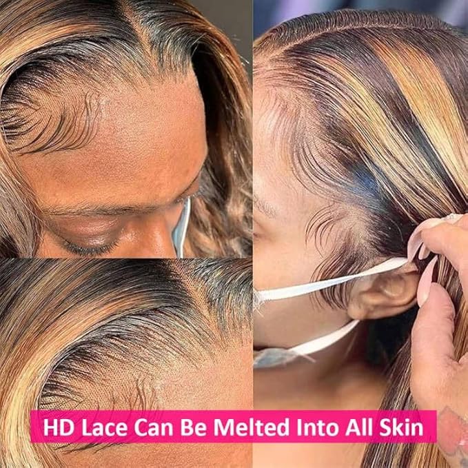 Pizazz Honey Blonde Lace Front Wigs Human Hair Pre Plucked with Natural Hairline 13x4 Glueless Wigs Human Hair 180 Density 4/27 Highlight Body Wave Lace Frontal Wigs 18 Inch