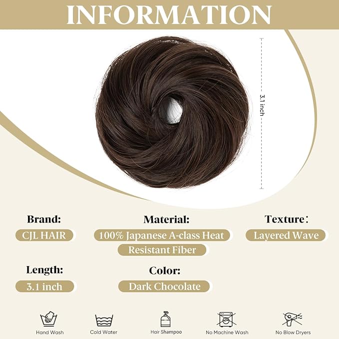 CJL HAIR 2PCs Small Cute Messy Bun Hair Piece for Thin Hair Women Mini Synthetic Curly Bun Scrunchies Updo Hairpieces Dark Chocolate