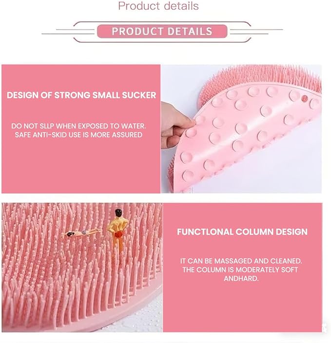 Shower Foot & Back Scrubber, Massage Pad with Suction Cups & Pumice Stone, Multi-Surface Silicone Bath Mat for Exfoliating and Massaging in Shower or Bathtub, 9.8x11.8 Inch (Pink)