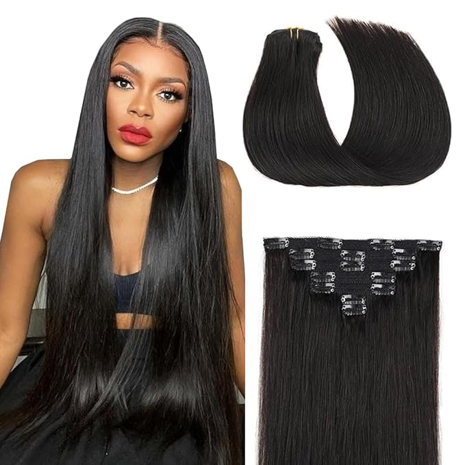 22 Inch 1B Clip in Hair Extensions - Real Remy Human Hair, 120g 7pcs, Naturel Black Human Hair Extensions Clip ins for Women