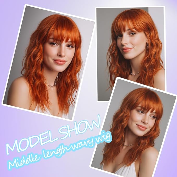 Orange Wigs with Bangs for Women Synthetic 16 inch Medium Length Wigs with Natural Long Wavy Fringe Bang wig Heat Resistant Hair for Daily Party Use(Orange)