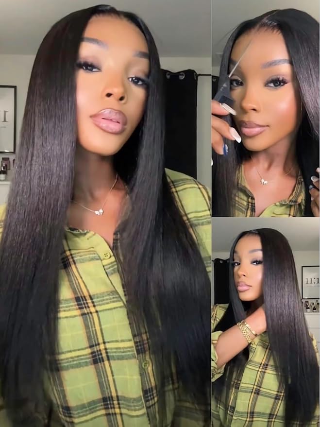 Julia Hair Pre Everything Glueless Wig Human Hair Yaki Straight 13x4 HD Lace with Ear Tape Bye Bye Knots Lace Front Wigs for Women Pre Bleached Invisible Knots Put On and Go Wig 18 Inch