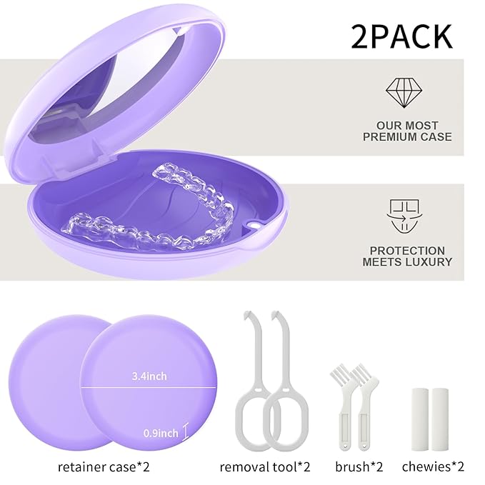 2Pack Retainer Case with Mirror, Compatible with Invisalign, Orthodontic Aligner Case with Removal Tool and Brush, Purple