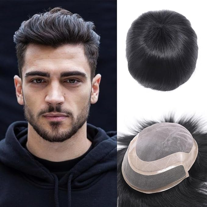 6x8 7x9 Hair Men’s Toupee Mono Lace PU Hairpiece Replacement Capillary Prosthesis System 100% Human Hair Breathable Durable Males Wig Natural Black (Black, 8x10)
