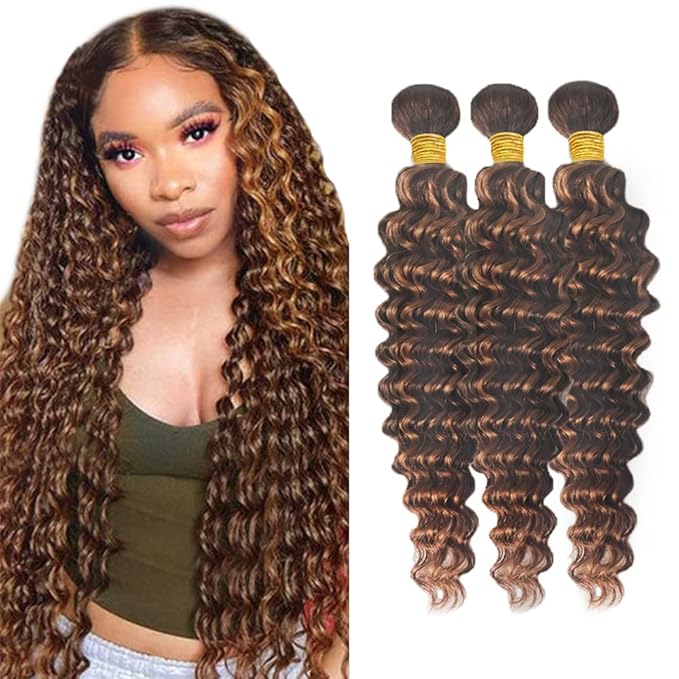 Brown Human Hair Bundles Color 30 Deep Wave Bundles 4/30 Deep Wave 3 Bundles 18 18 18 Inch Brazilian Unprocessed Virgin Hair Extensions