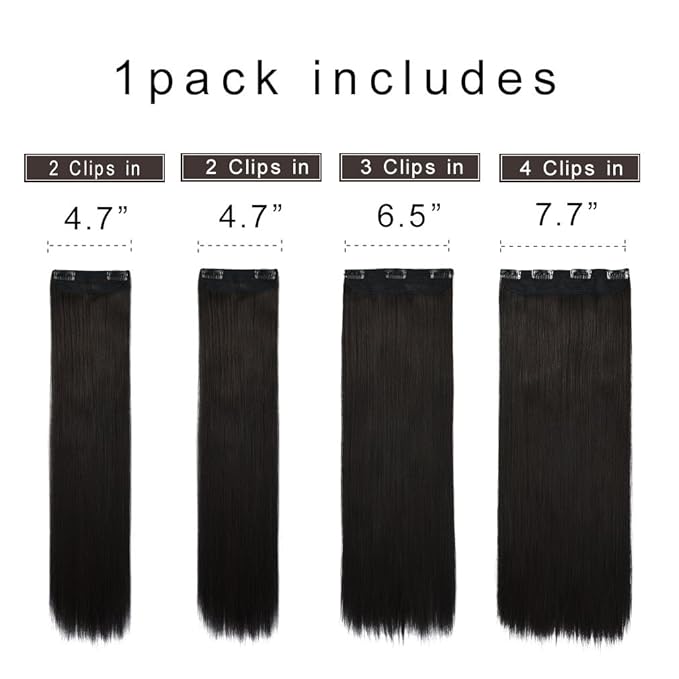 REECHO 18" Straight Long 4 PCS Set Thick Clip in on Hair Extensions Black Brown