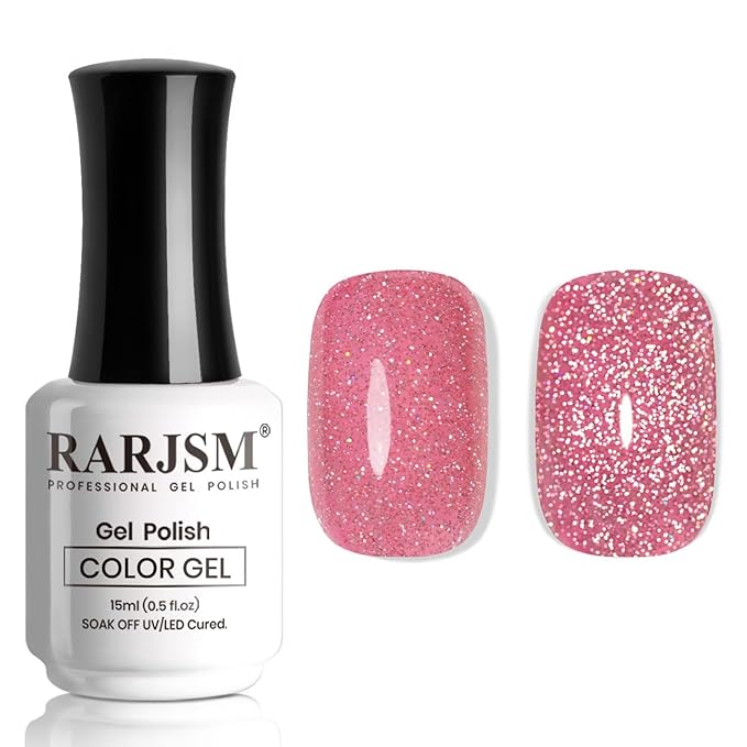 RARJSM Nude Reflective Glitter Gel Nail Polish Rose Pink Sheer Jelly Gel Polish Flash Diamond Sparkle Rainbow Silver Shimmer Pigments Soak off Curing Requires 15ml Single Bottle for Home Salon