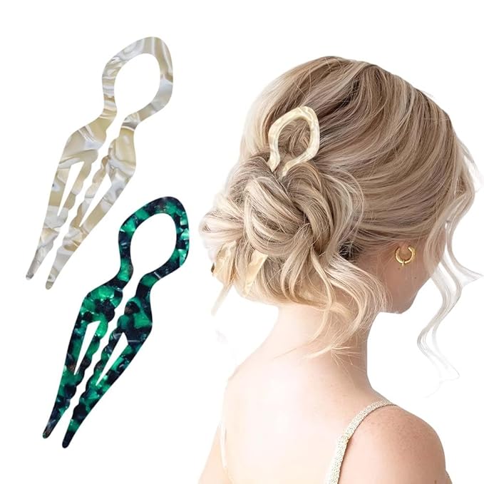 French Hair Pins for Women, Hair Pins for Majority Hair, Elegant Hair Clips for Women for Updos, Chignons French Twists, Double notch Locking Mechanism Anti-loosening Hairpins (2PCS Green+White)