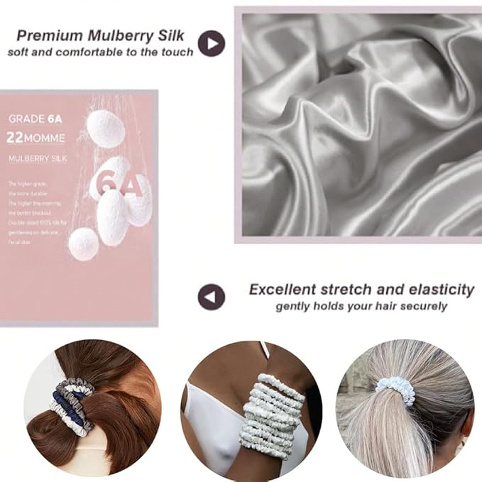Suncdelv Silk,100% Silk Scrunchies for Hair,22 Momme Hair Ties for Anti-Crease & Breakage,Natural Women Hair Accessories，Fashion Hairbands 6PCS(Black）