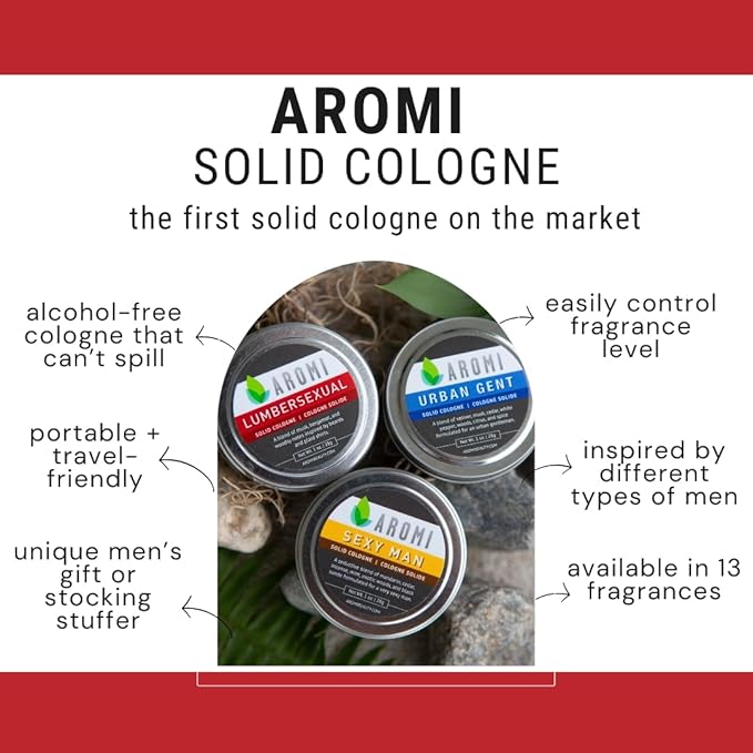 Aromi Solid Cologne for Men | Cashmere Woods, Musk Scent, Powdery Fragrance, Travel, Alcohol-Free, Concentrated, Wax-Based, Gift (Lumbersexual)
