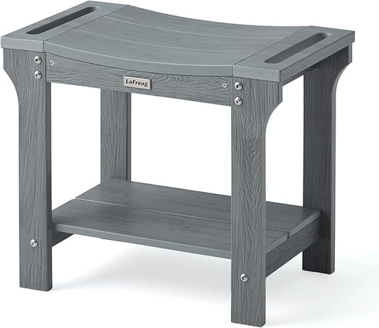20.5'' Waterproof Shower Bench Seat for Inside Shower, HDPS Bathroom Stool for Shaving Legs, 2 Tier Plastic Bath Chair Seat with Shelf, No Maintenance, Gray