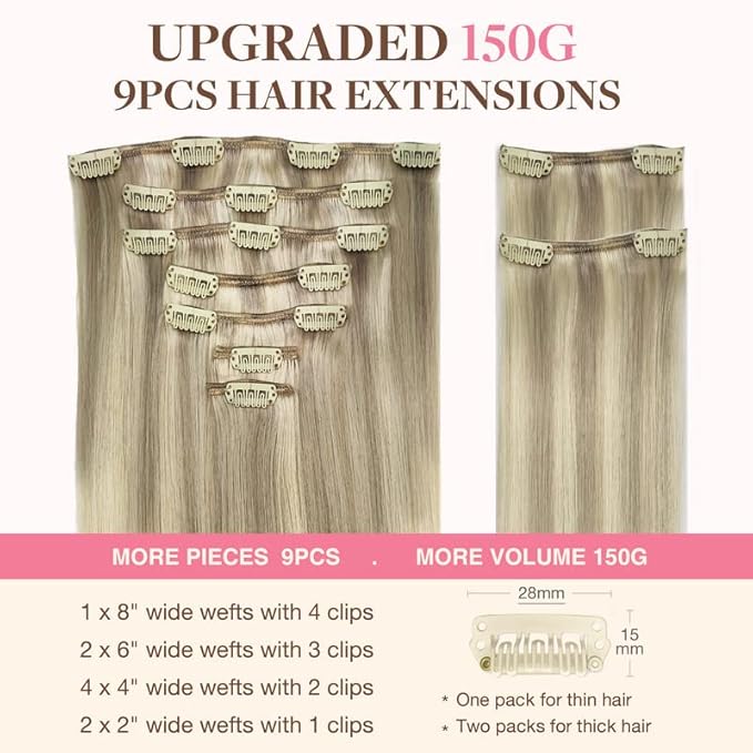 GOO GOO Clip in Hair Extensions - Real Human Remy Hair, Natural, 18in 150g 9Pcs, 17/22/60 Balayage Ash Blonde to Platinum Blonde