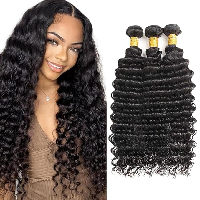 26 28 30 inch Human Hair Bundles Human Hair Deep Wave Bundles Brazilian Remy Wet and Wavy Bundle Double Weft #1B Color 300g