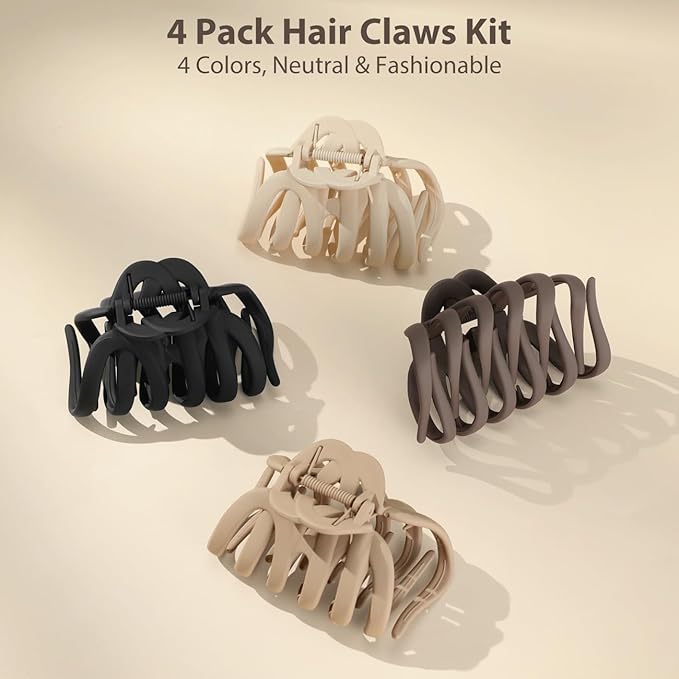 Shinowa Hair Clip Set, 4 Pack Hair Claws for Thick Hair, Large Hair Clips in 4 Neutral Colors, Non-slip Claws Jaw Clips for Women, Strong Hold for Girls Long Hair