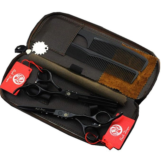 Purple Dragon Professional Japan 440C Hair Salon Cutting Shear and Barber Thinning Scissor Hairdressing Shear Set with Bag (Black, 6 Inch)