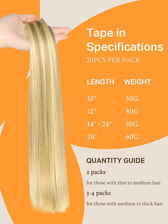 DOORES Hair Extensions Human Hair, Drity Blonde Highlight Golden Blonde 20pcs 40g 12 Inch, Human Hair Extensions Tape in Straight Hair Real Human Hair