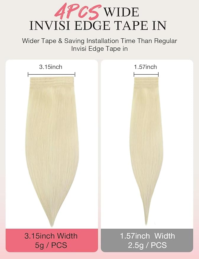 DOORES Invisi Edge Human Hair Tape in Extensions Wide, Platinum Blonde 4PCS Injection Tape ins 20g 18 Inch, Seamless Injected Virgin Human Hair 3 Inch Wide Extensions Straight