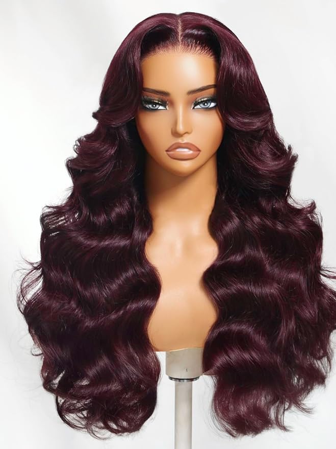 Julia Hair Black Cherry Loose Wave Wig 13x4 HD Lace Frontal Pre-Everything Drawstring Wigs Put on and Go Glueless Body Wave with Face Framing Bangs Pre Plucked Pre Cut Bleached Knots for Women 18 Inch