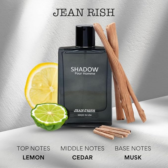 Jean Rish Shadow Pour Homme Eau De Toilette for Men (3.4 Fl Oz / 100ml) with Lemon, Cedar & Musk Notes - Long Lasting and Luxury Fragrance