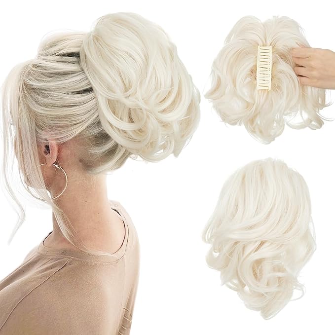 CJL HAIR Claw Clip Short Ponytail Hair Extensions DIY Bendable Metals Messy Bun Hair Piece for Wonen Wavy Curly Synthetic Fake Hairpieces Platinum Blonde
